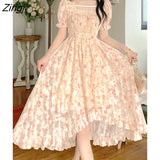 Floral Print Dress Women Lace Boho Kawaii Party Dress Female Casual Korean Fashion Holiday Lolita Elegant Midi Dress