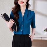 Shirt Women Satin Vintage Shirts OL Basic Blouse Women Short Sleeve Blouses Silk Fashion Women's Clothing Solid Women