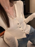 Women V-Neck Lace Spliced Knitted Shirt Women Autumn Winter Slim Small Gentle Comfortable Thin Inside