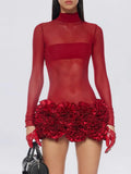 Short Dress Women's Dress 2025 Autumn New Splicing Sexy Hot Girl Three-Dimensional Flowers Thin Dress Dress