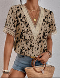 Women's Dress V-Neck Lace Loose Top Commuter Short-Sleeved Shirt Women Splicing