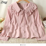 Sweet White Shirt Women Korean Lace Up Peter Pan Collar Blouses Spring Autumn Elegant Office Work Long Sleeve Ladies