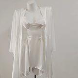 New Spring And Summer Sexy Pajamas Female Thin Hollow Lace Splicing Ice Silk Folds Slimming Slings Sleep