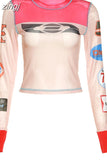 Sexy Mesh Letter Graphics Y2K T-Shirts Women Long Sleeve O-Neck See Through Skinny Wild Tops Female Trend