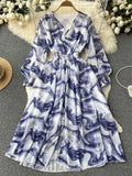 Autumn Women Printed Long Dress Elegant Blue/Purple/Pink V-Neck Lantern Sleeve High Waist A-Line Vacation Beach