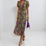 Women's Temperament Elegant Print Elegant V Collar Lantern Half-Sleeved A-Shaped Dress