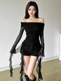 Sweet Spicy Sister Wind Lotus Leaf Side Splicing A Word Shoulder Long-Sleeved T-Shirt Girl Slimmed Hottie Autumn