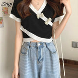 T-shirts Women Patchwork Summer Design Simple Slim All-match Casual Harajuku Sweet Girls Stylish Tops Tees Ulzzang