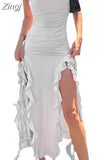 Sexy Strapless Off Shoulder Midi Dress Women Ruffles Split Beach Dress 2023 Summer Slim Fit Party Female Vestido