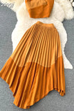 Women Sexy Pleated Two Piece Set Vacation Beach Hit Color Strapless Tops Camis + High Waist Irregular Draped Skirt