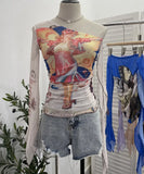 One-Shoulder Horn Long-Sleeved Mesh Yarn-Print T-Shirt With Short Tight Top