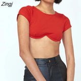 Women's Ribbed Lace-up Crop Tops Solid Color Round Neck Short Sleeve Ultra Short Navel Design Slim Fit Summer T-shirts