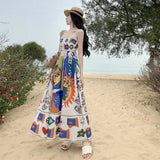 Zingj Print One Word Shoulder Sleeveless Beach Dress Beach Holiday Show Thin Strapless Sling Dress Female