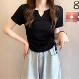 Zingj Sense V-Neck Draw Rope Slim Pure Desire Wind Short Sleeve T-Shirt Women's Wear 2024 Summer New Solid Color Student Jacket