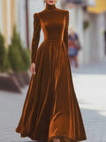 Women's Autumn And Winter Gold Velvet High Collar Bubble Sleeves To Close The Waist Big Dress Elegant Long