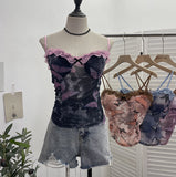 Real-Shooting Lace Bow Repair Body Tie-Dye-Print Mesh Hottie Pure Desire Sling Vest With Chest Cushion Top