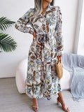 Flower Shirt Long Dress Women Lapel Button up Full Sleeve Dresses Female Fashion Casual Lace Up Maxi Dress Spring