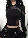 And Dark Style Fashion Grid Splicing Hollow Design T-Shirt Hottie Trend Chicken Eye Collar Umbilical