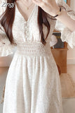 French Style Floral Print Vestido De Mujer V-neck Chiffon Robe Female Pleated Slim Waist Chiffon Dress Women Spring