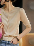 Knitted Jersey Women's Early Spring Round Collar Collar In The Middle Sleeve Ice Silk Thin Model Hit The Bottom Of The Coat Female