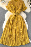 Women Irregular Pleated Party Long Dress Elegant Vacation Beach Draped Ruffle Vestidos Female Short Sleeve Maxi Robe