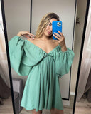 Autumn Women's Skirt Lantern Sleeve V Collar Sexy Temperament High-End French Retro