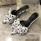 New Spring Slippers Women's Korean-Style Pointed Polka Dot Bow Stiletto Mid-Heel Low Heel Slippers Polka Dot Half