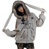 And Winter Street Retro Collar Rabbit Ear Hooded Hoodie Jacket Y2K Printed Female