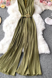 Notched Collar Draped Rompers For Women Casual Sleeveless High Waist Wide Leg Playsuits Female Beige/Green Jumpsuit