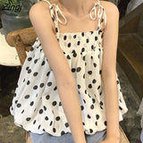 Dot Tanks Camis Women Summer 2021 Casual Folds Backless Design Korean Chic Tops Female French Chiffon Short Party
