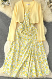 Women Two Piece Set Beach Vacation Long Sleeve Cardigans + Floral Spaghetti Strap Midi Dress Female Suit New