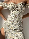 Summer Floral Off Shoulder Puff Sleeve Maxi Dress For Woman Robe Sexy Lace Up Side Split Chic Mid-Calf Aesthetic