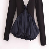Women's New Flower Decoration V-Neck Black Long Sleeves Under The