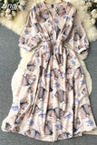 Women Vintage Printed Dress Elegant V-Neck Puff Sleeve High Waist A-Line Midi Robe Female Vacation Beach Vestidos