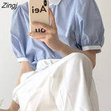 Vintage Striped Shirts Women New Summer Puff Sleeve Preppy Style Simple Loose Streetwear BF Temperament Mujer Tops