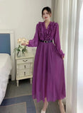Autumn Station Temperament Retro Lotus Leaf Side Bubble Long Sleeve V Collar Thin A Word To Close The Waist 100-Fold