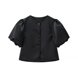 Temperament Women's Top Print Simple Short Sleeve Three-Color New Spring Loose Bubble Sleeve