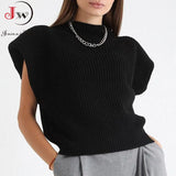 Women Fashion Solid Cropped Knitted Sweater Vest Turtleneck Sleeveless Pullover Solid Chic Tops