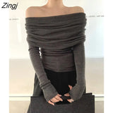 Style Sweaters Women Chic Spring Slash Neck Elegant Cozy Long Sleeve Knitwear Slim Fashion Ladies Daily All-match