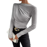 Summer Solid Color Round Collar Repair Shirt Bran Folding Design Women's Long-Sleeved