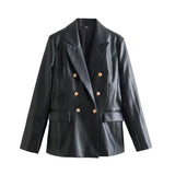 Women's Clothing 2025 Autumn New 2 Color PU Imitation Leather Double Row Buckle Long-Sleeved Blazer Women