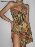 Floral Mini Dress Corsets Chain Halter Backless Dress Women Sexy Sleeveless Summer 2022 Streetwear Chic Party