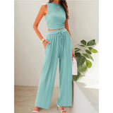 Summer Knitting Casual Suit Sleeveless Round Collar Short Repair Body Broad Leg Pants Two
