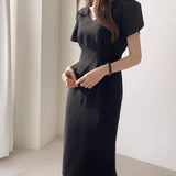 Chic Temperament Light Style V Collar Slimmed Body Pressure In The Waist Of The Long Over-Knee Short-Sleeved Dress