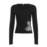 V-Neck Temperament Retro Print T-Shirt 2025 Autumn New Slim Long-Sleeved