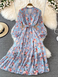 Floral Midi Dress Women Elegant V-Neck Lantern Long Sleeve High Waist Draped A-Line Casual Vestidos Female Spring