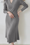 Solid V-Neck Sweater Knitted Midi Dress for Women Clothing Evening Vintage Bodycon Dresses Elegant Thick Warm Winter