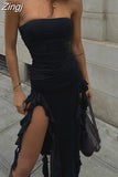Sexy Strapless Off Shoulder Midi Dress Women Ruffles Split Beach Dress 2023 Summer Slim Fit Party Female Vestido