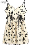 Print Long Sleeve Knit Cardigan Crop Coat Two-piece Dress Ladies Drawstring Floral V-neck French Suspender Robe Suit
