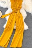Vintage V-Neck Sleeveless High Waist Jumpsuits Women Elegant Loose Wide Leg Romper With Sashes Female Playsuits New